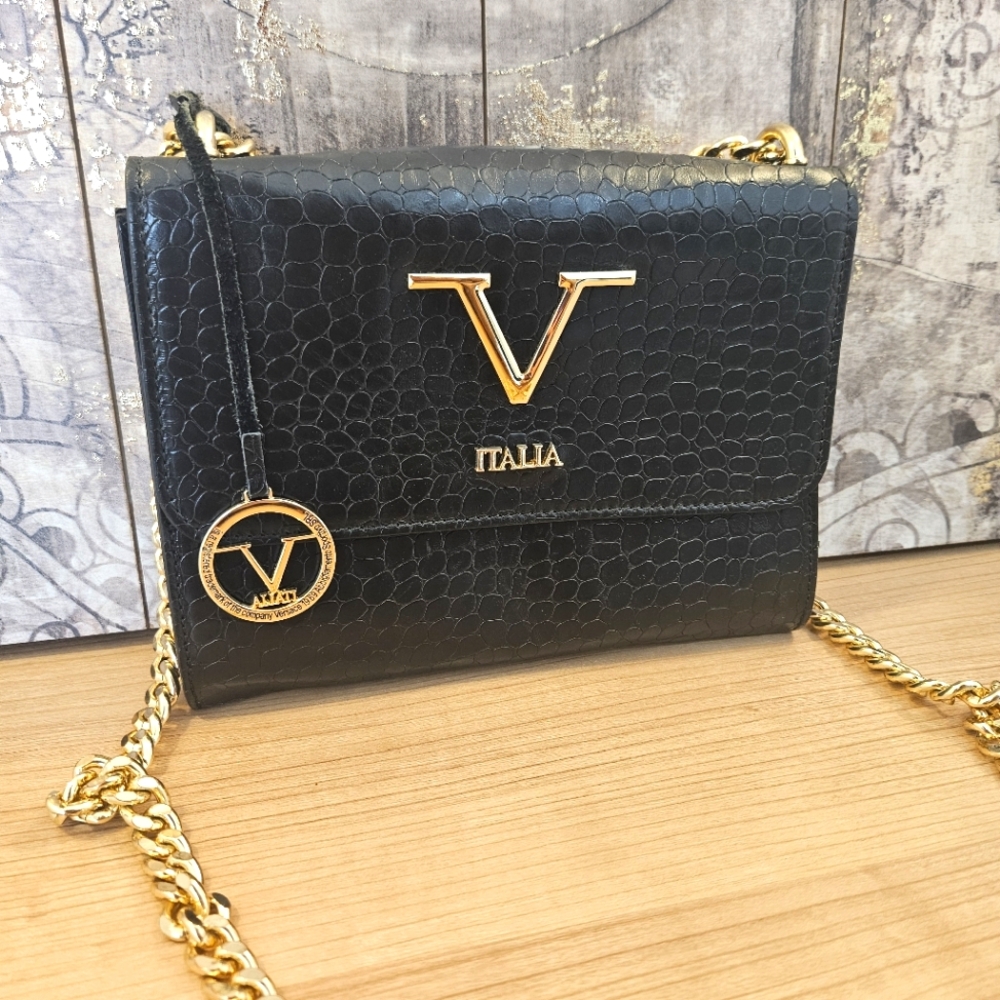 V ITALIA Women's Croc Embossed Leather Crossbody Chain Strap Made in Italy